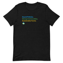 Load image into Gallery viewer, Sound Policies.  Strong Communities.  Sustainable Farms.  NFU T-shirt
